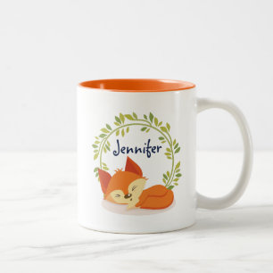 Caneca De Café Em Dois Tons Raposa Laranja Cachoreira com Folha Verde