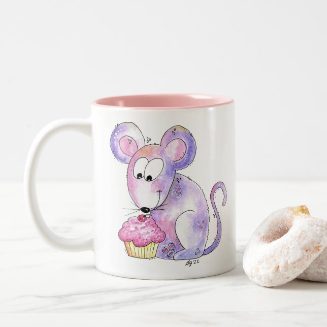 Caneca De Café Em Dois Tons Rato branco bonito com Cupcake (Com Donut)