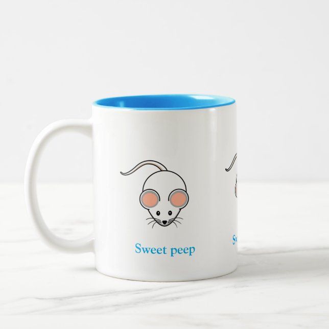 Caneca De Café Em Dois Tons Rato branco fofo & caligrafia turquesa (Esquerda)