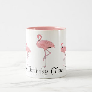 Caneca De Café Em Dois Tons Rebanho de Flamingos Rosa Feliz Aniversário Nome P