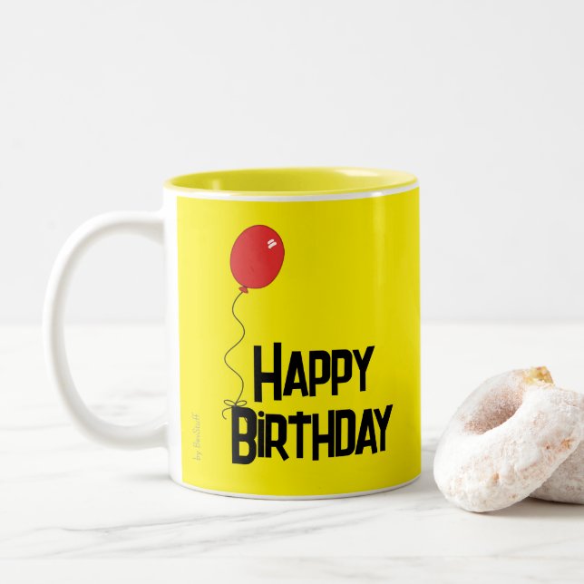 Caneca De Café Em Dois Tons Red Balloon Happy Birthday Yellow Mug (Com Donut)