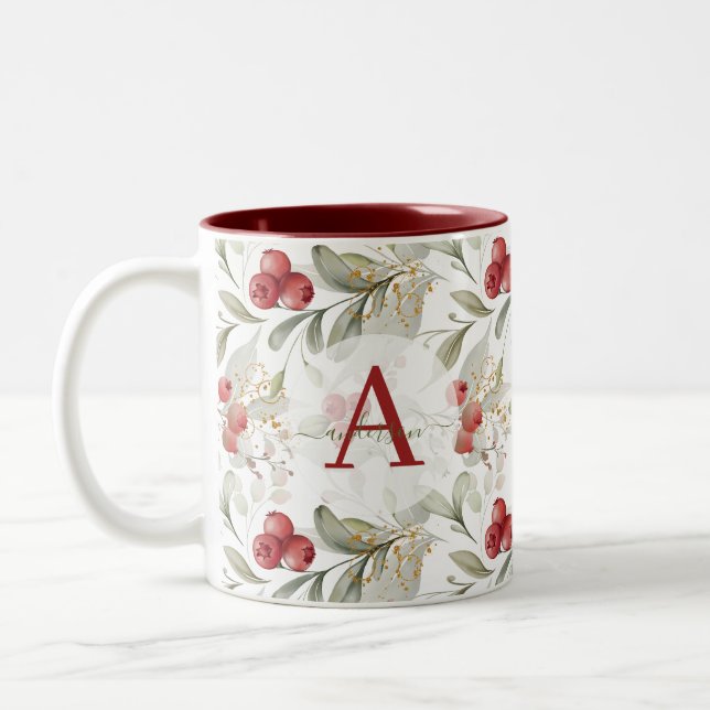 Caneca De Café Em Dois Tons Red Berry Cranberry Branches Monogramas (Esquerda)