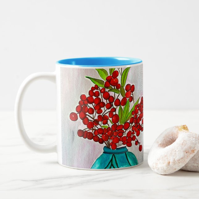 Caneca De Café Em Dois Tons Red Christmas Berries aquarela arte (Com Donut)