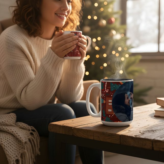 Caneca De Café Em Dois Tons Red Christmas Mug with Custom Photo Festive  (Criador carregado)