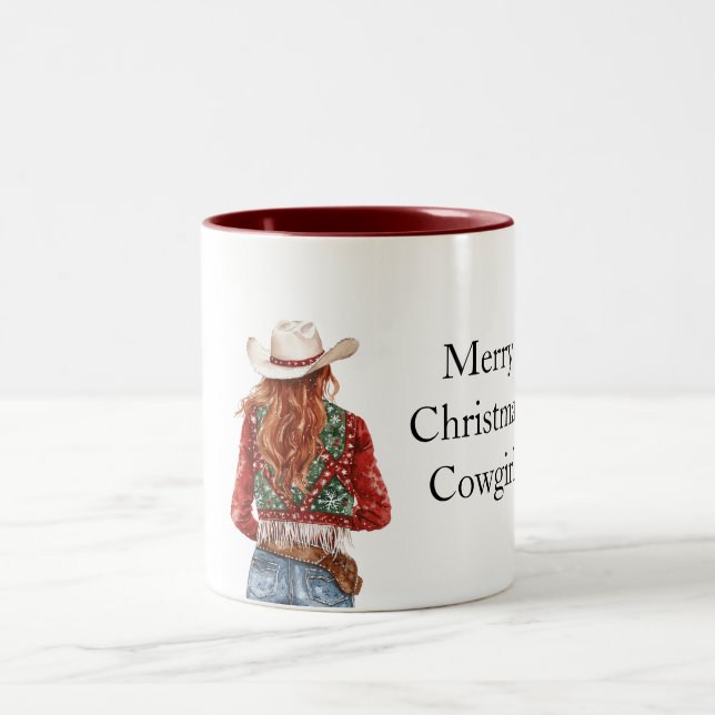 Caneca De Café Em Dois Tons Red Green Christmas Cowgirl (Centro)