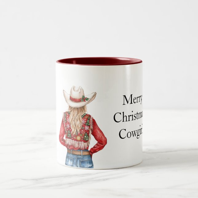 Caneca De Café Em Dois Tons Red Green Christmas Cowgirl Blond (Centro)