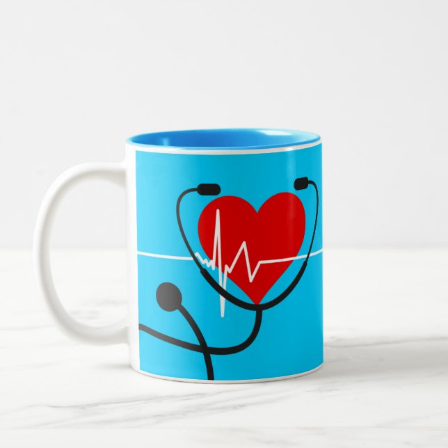 Caneca De Café Em Dois Tons Red Heart EKG e Stethoscope Medical Blue   (Esquerda)