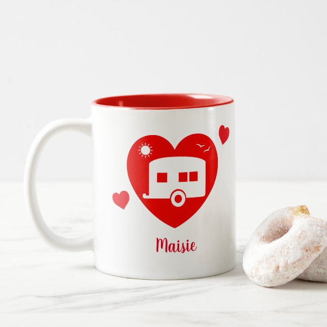 Caneca De Café Em Dois Tons Red Motorhome e Caravan Owner Love Heart (Com Donut)