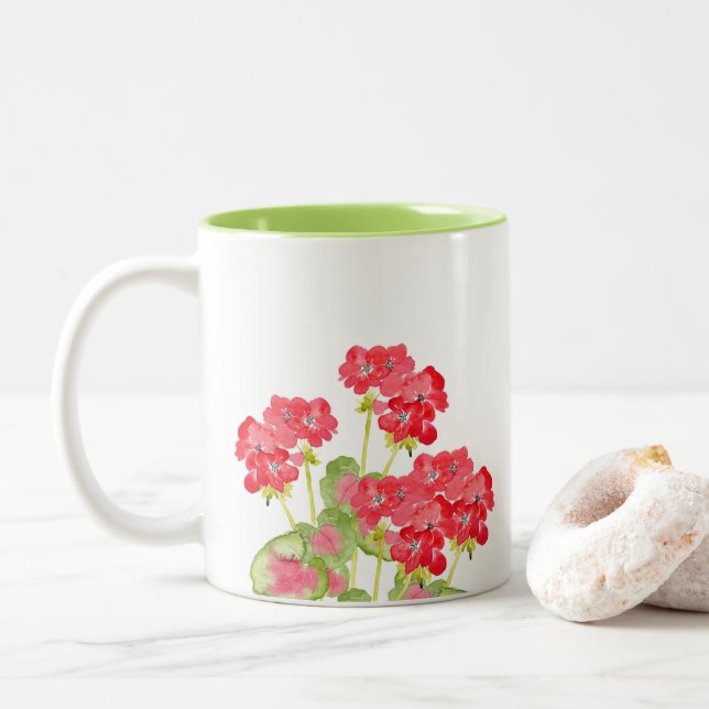 Caneca De Café Em Dois Tons Red Watercolor Geraniums 2 (Com Donut)