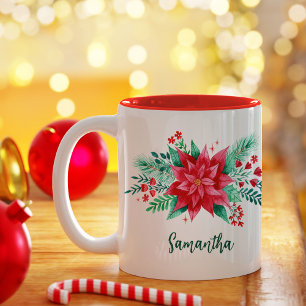 Caneca De Café Em Dois Tons Red Watercolor Poinsettia Flower Natal + Nome