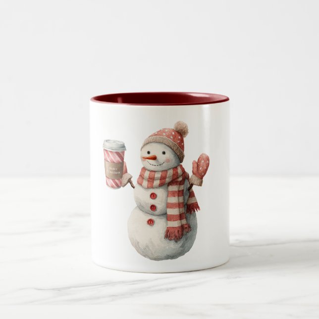 Caneca De Café Em Dois Tons Red White Snowman Christmas (Centro)