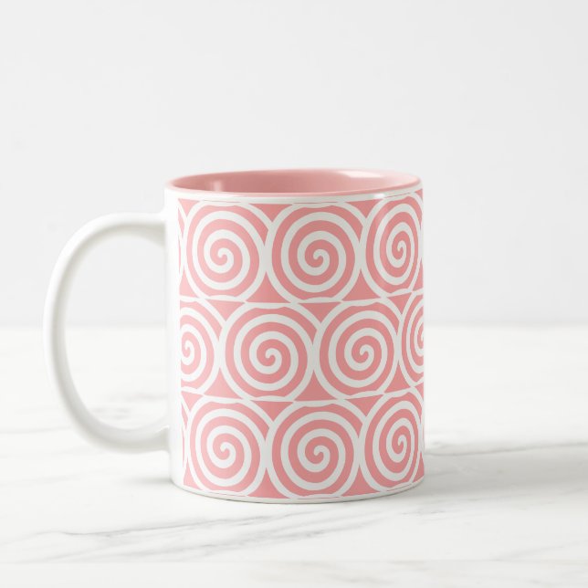 Caneca De Café Em Dois Tons Redemoinhos Círculos Espirais em Rosa e Branco (Esquerda)