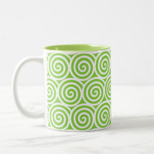 Caneca De Café Em Dois Tons Redemoinhos Círculos Espirais em Verde e Branco