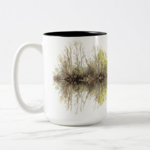 Caneca De Café Em Dois Tons Reflexo da Floresta em Aquarela - Paisagem Natural
