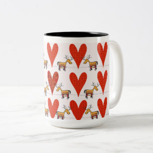 Caneca De Café Em Dois Tons Reindeer e Corações