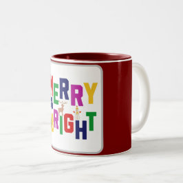 Caneca De Café Em Dois Tons Reindeer feliz e pinheiro brilhante Snowman