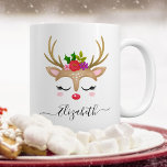 Caneca De Café Em Dois Tons Reindeer Mug de Natal<br><div class="desc">Um rosto bonito de rena com flores decora esta caneca. Faz um belo presente de Natal para uma garota. Personalize esta caneca única para uma garota que você conhece. Projetado para você pelo Blackberry Boulevard.</div>