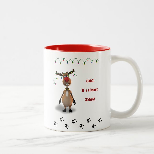 Caneca De Café Em Dois Tons Rena cheirada vermelha do Natal engraçado (Direita)