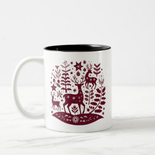 Caneca De Café Em Dois Tons Rena de Natal Arte Folclórica Nórdica Escandinava