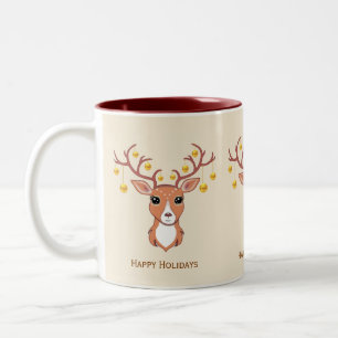 Caneca De Café Em Dois Tons Rena de Natal Ornamentada com Bolas de Natal