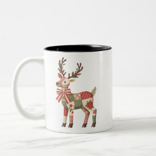 Caneca De Café Em Dois Tons Rena de Patchwork de Natal Bordado Animal