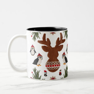 Caneca De Café Em Dois Tons Rena e Pinguins Nórdicos Tecidos Fofos