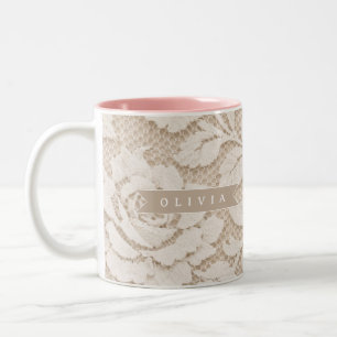 Caneca De Café Em Dois Tons Renda de Marfim Personalizada Elegante Vintage Nup