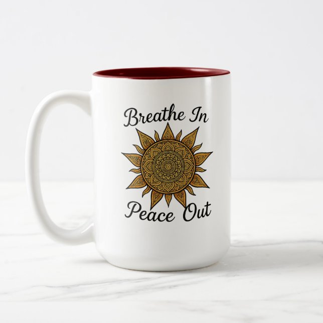 Caneca De Café Em Dois Tons Respira em paz Mandala Sun (Esquerda)