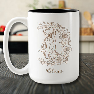 Caneca De Café Em Dois Tons Retrato de Cavalo Boho em Linha Arte com Coroa Flo