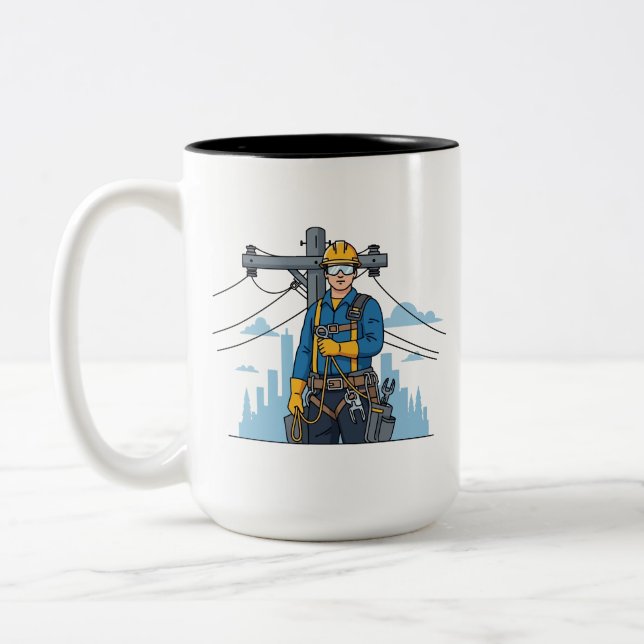 Caneca De Café Em Dois Tons Retrato de Herói Lineman da Cidade | Utilidade Elé (Esquerda)