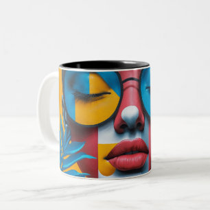 Caneca De Café Em Dois Tons Retrato de Mulher em Arte Pop Moderna Abstrata Col