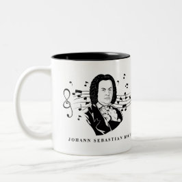 Caneca De Café Em Dois Tons Retrato e busto de Johann Sebastian Bach com notas