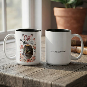 Caneca De Café Em Dois Tons Retrato floral da Cat Mama em rosa