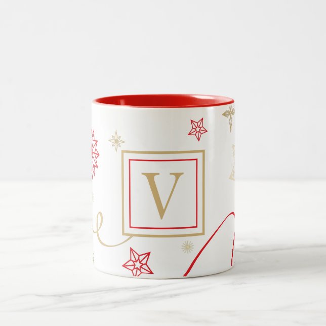 Caneca De Café Em Dois Tons Rico Vermelho Dourado Flocos de Neve Monograma (Centro)