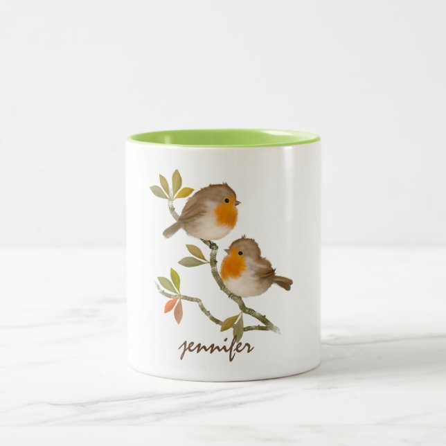 Caneca De Café Em Dois Tons Robô Personalizado e Bonito, Robin Red-Breast Bird (Centro)