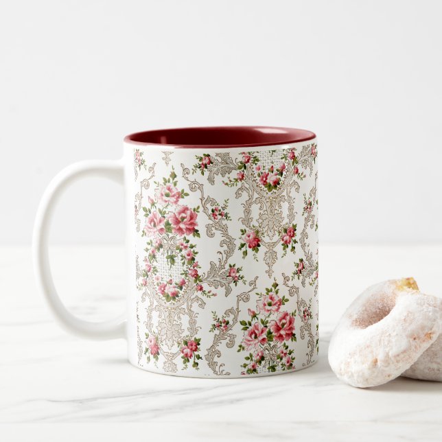 Caneca De Café Em Dois Tons Rococo Floral Branco Elegante (Com Donut)