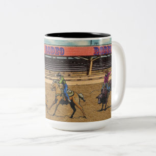 Caneca De Café Em Dois Tons  Rodeio Ocidental Evento Cowboys Roping Horses Bul