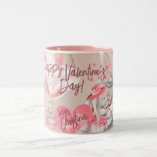 Caneca De Café Em Dois Tons Romântica Namorados de Aquarela Coelhinhos de Amor