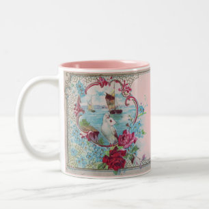 CANECA DE CAFÉ EM DOIS TONS ROMANTICA, ROSAS FLORÍVEIS DE PINCO VERDE AZUL COM