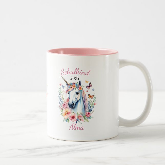 Caneca De Café Em Dois Tons Romantisches Einhorn mit Blumen - Schulkind 2025 | (Direita)