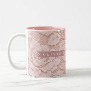 Caneca De Café Em Dois Tons Rosa Bege Personalizado com Renda Floral Romântica
