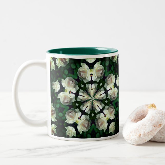 Caneca De Café Em Dois Tons Rosa Branca Flor Caleidoscópio Arte (Com Donut)
