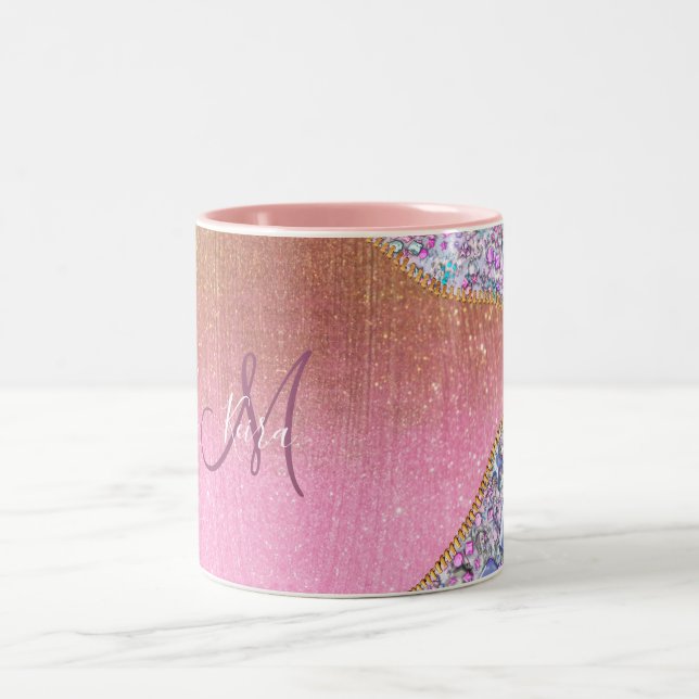 Caneca De Café Em Dois Tons Rosa de Glitter Dourado Girassol Personalizado (Centro)