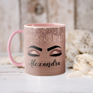 Caneca De Café Em Dois Tons Rosa Dourado Glitter Sparkle Eyelashes Monograma