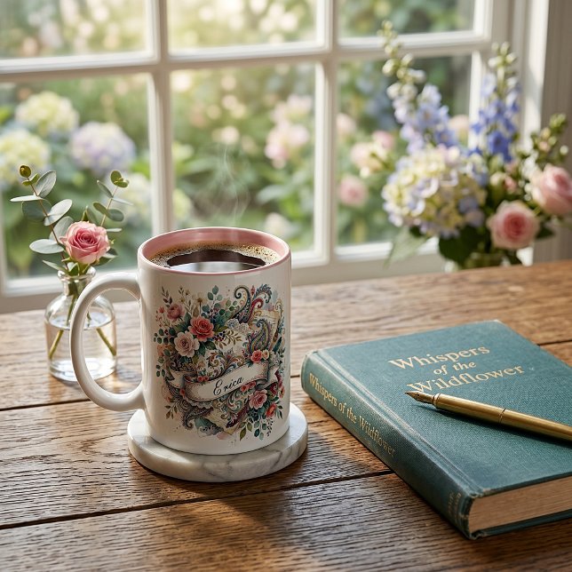 Caneca De Café Em Dois Tons Rosa paisley floral personalizada (Criador carregado)