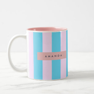 Caneca De Café Em Dois Tons Rosa Pastel Personalizado e Listras Azuis