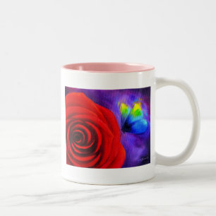 Caneca De Café Em Dois Tons Rosa vermelha com a arte da pintura da borboleta -