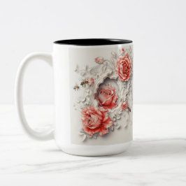 Caneca De Café Em Dois Tons Rosas 3D Elegantes, Abelhas E Beleza Botânica