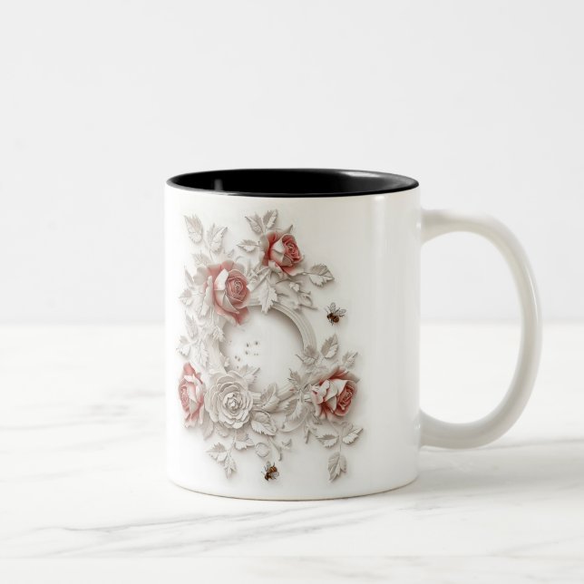 Caneca De Café Em Dois Tons Rosas 3D Elegantes, Abelhas E Beleza Botânica (Direita)