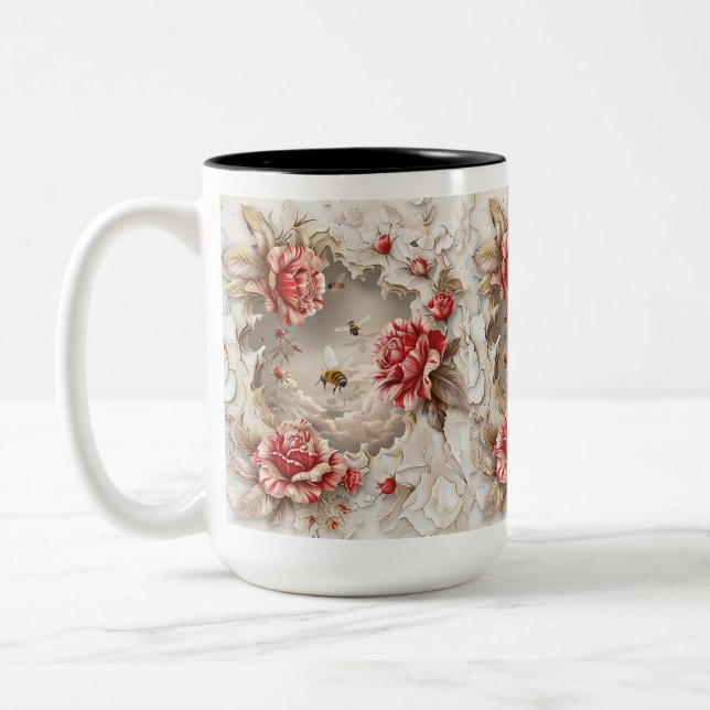 Caneca De Café Em Dois Tons Rosas 3D Elegantes, Abelhas E Beleza Botânica (Esquerda)